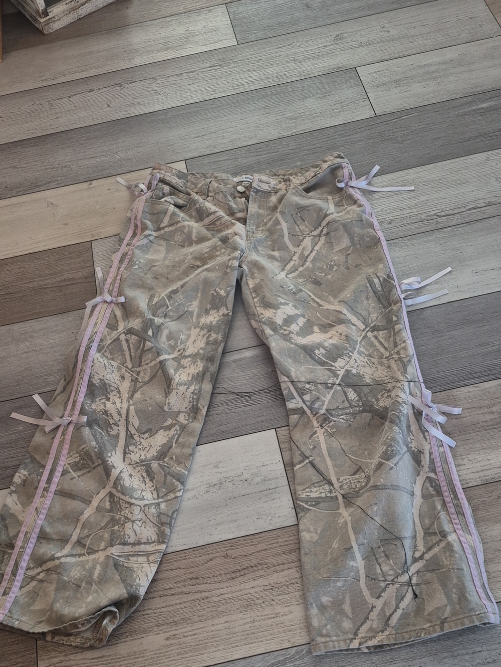 Camo Cargo Pants with Pink Ribbon Trim